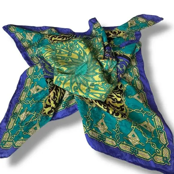 Vintage Georgiou Blue & Green Silk Scarf -  33" square - Picture 3 of 7